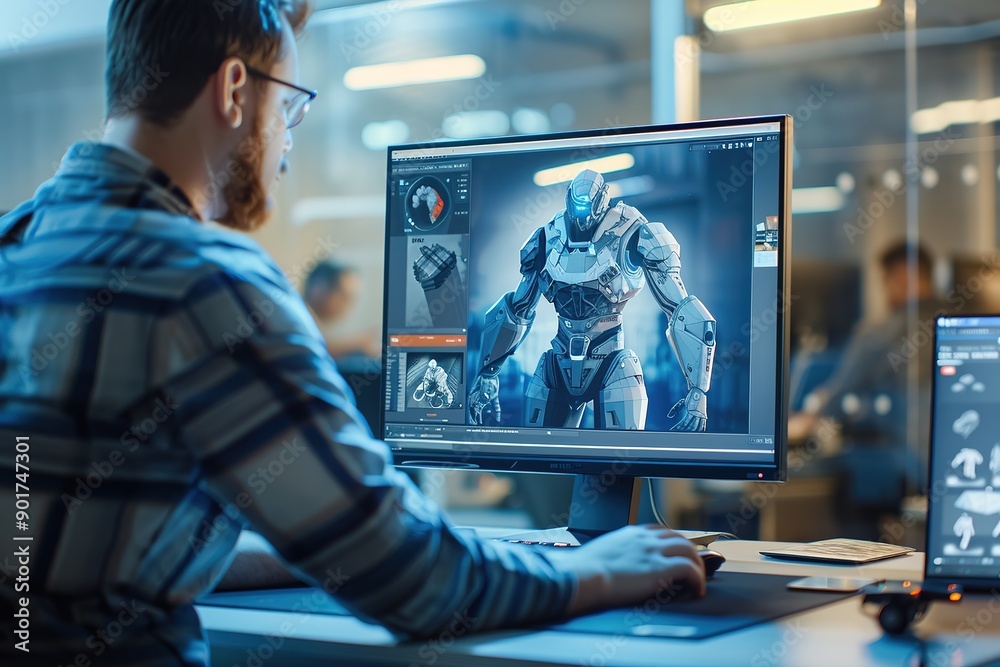 Fototapete man designing futuristic robot character on computer screen in m