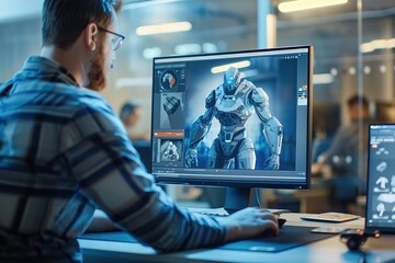 Man designing futuristic robot character on computer screen in m