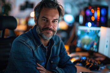 Smiling developer in denim at tech workspace