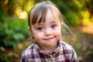 Pretty little child with special needs in a summer park outdoors. Portrait of happy girl with down syndrome having fun and laugh.