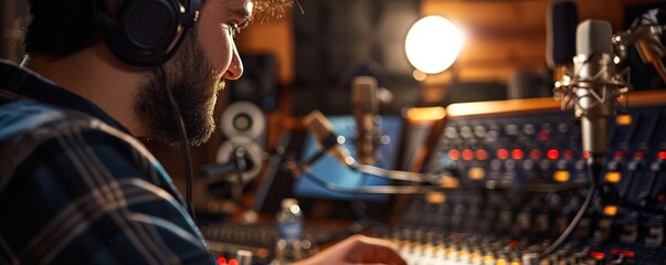 Man operating sound mixer in studio, focus on equipment