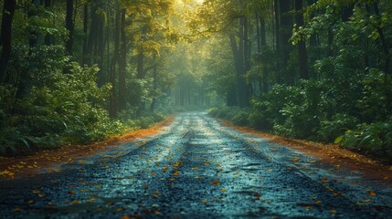 Fototapeta premium Tranquil Rain-Drenched Path Through Lush Green Forest at Early Morning Light. Generative AI