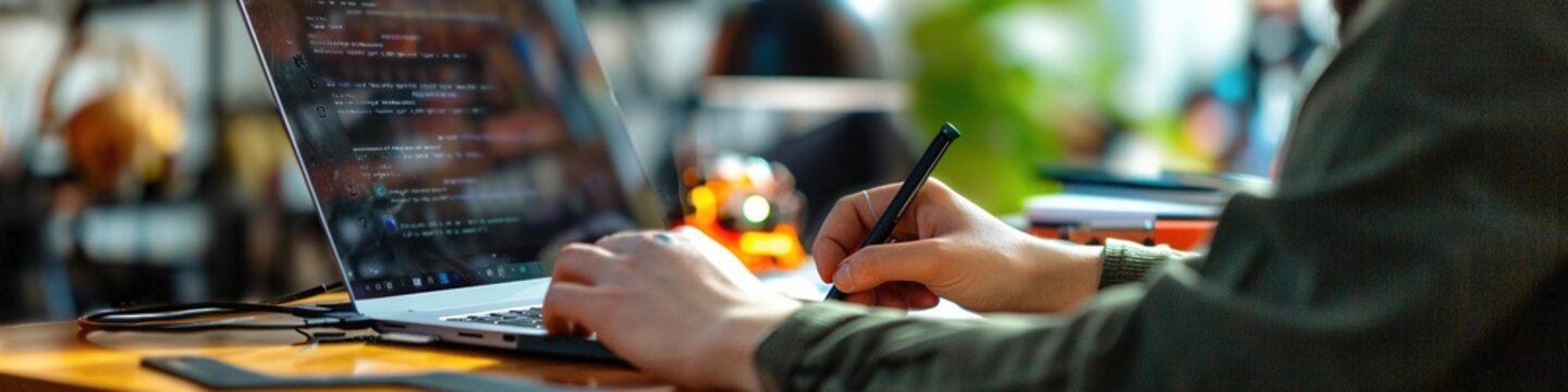 Coder working on laptop with code screen, pen in hand