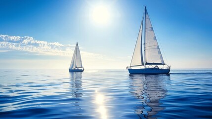 Obraz premium Two sailboats sailing calmly on a clear, sunny day.