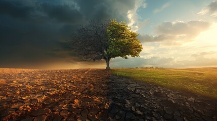 Tree Showing Contrast Between Life and Death or drought and wet. Drought theme background. AI generated image