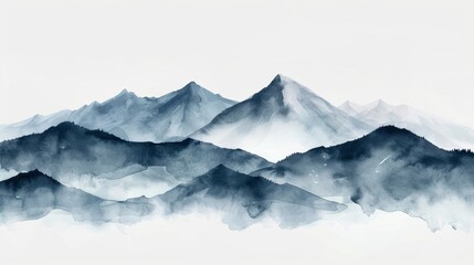 Gray tones watercolor mountain range on a white background, offering a minimalist design with ample copy space.