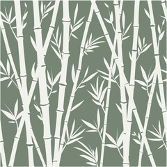 Bamboo seamless horizontal frame on green background, vector pattern of white bamboo stems.