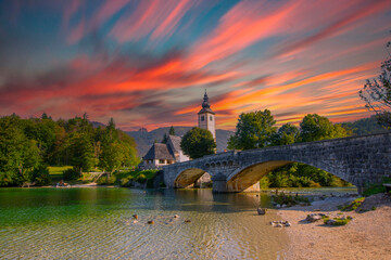 Church of Sv. John the Baptist and a bridge by the Bohinj lake, Slovenia