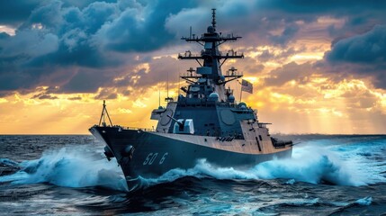 Fototapeta premium A modern American warship cuts through the deep blue ocean, its powerful silhouette set against crashing waves and a cloudy sky.