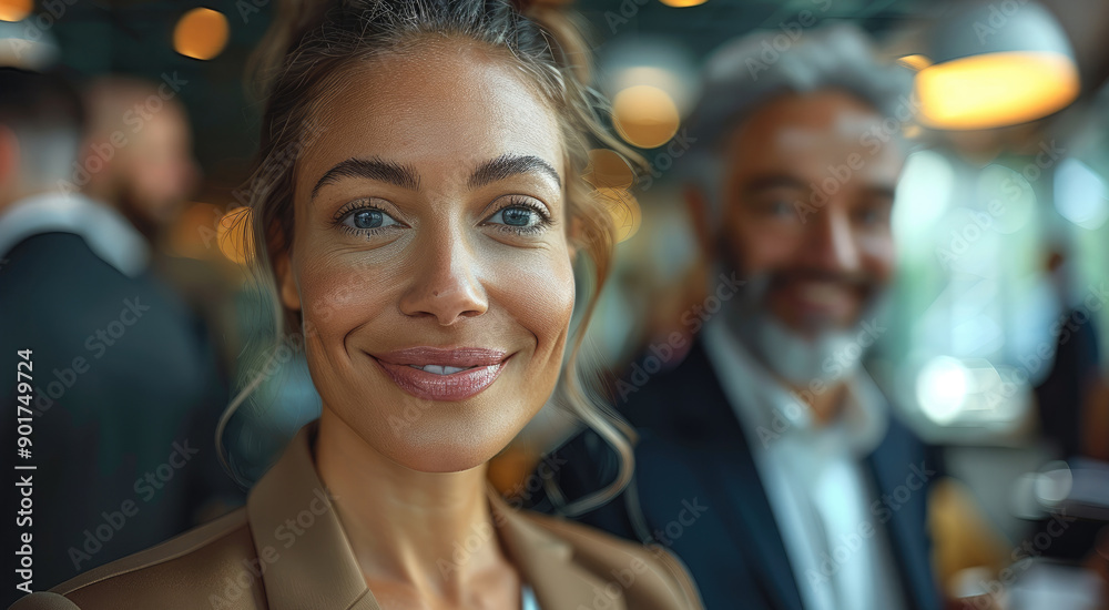 Poster a group of business professionals, all smiling and elegantly dressed, in a modern office setting. th