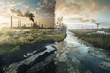 Fototapeta premium Industrial Pollution and Clean Nature. Global warming and climate change theme background. AI generated image
