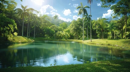 Fototapeta premium A tranquil scene of a lush green forest with tropical trees surrounding a serene pond, capturing the essence of tranquility and natural beauty.