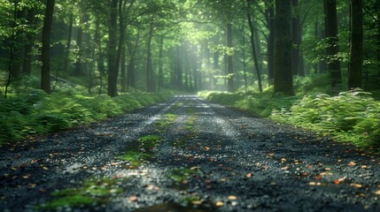 Obraz premium Serene Gravel Path Through Lush Green Forest Under Gentle Sunlight in Early Morning. Generative AI