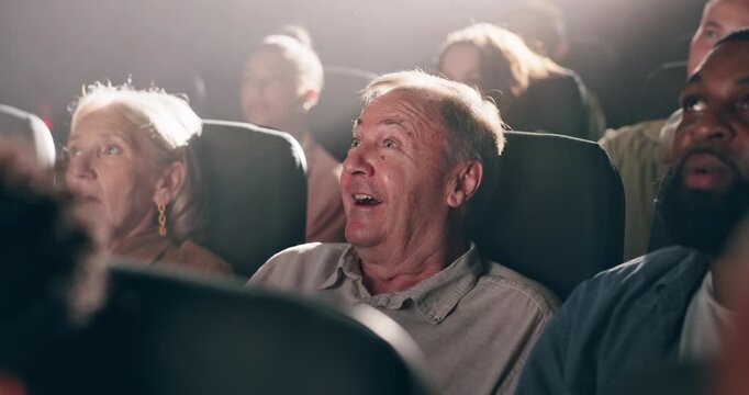 Horror, movie and senior people in cinema with shock for fear, thriller or scary film at theatre. Diversity, surprise and terrified crowd with expression for streaming, show and entertainment