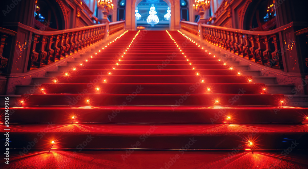 Poster a red carpet event to a opera stairs lights night. generative ai.