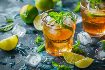 cold tea with lime mint and ice in transparent glass mug, selective focus