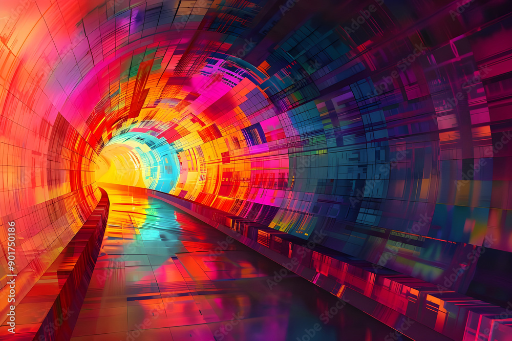 Aufkleber A vibrant and colorful futuristic tunnel featuring abstract geometric patterns and reflections, creating a dynamic and immersive visual experience.