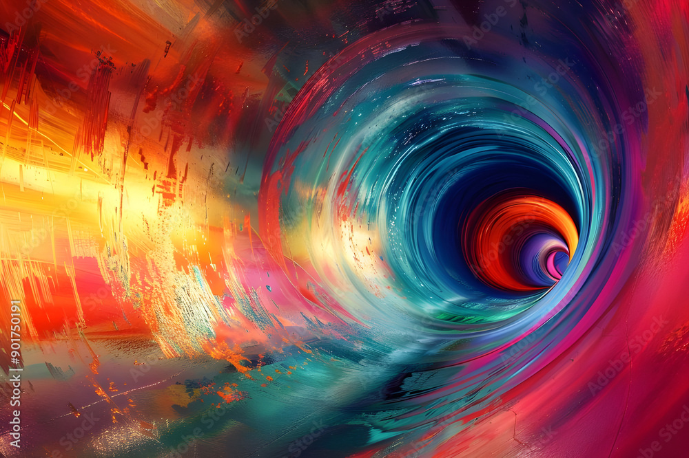 Poster a vibrant abstract tunnel featuring dynamic swirls of colors, blending blues, reds, and yellows, cre