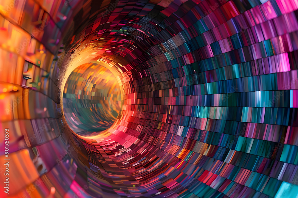 Poster A vibrant mosaic tunnel with a warm glowing light at the end, featuring colorful geometric tiles and dynamic patterns.