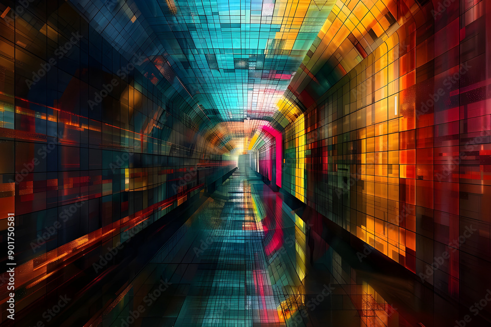 Poster A vibrant tunnel with geometric patterns and colorful reflections, featuring a dynamic interplay of light and shadow.