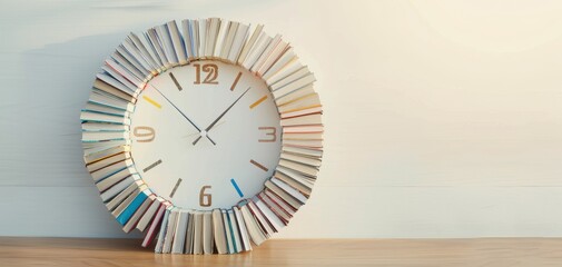 Creative book clock with colorful spines forming a unique design on a wooden shelf, blending literature and timekeeping in a stylish decor piece.