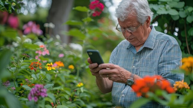 Senior Woman Isolated in a Digital World - Close Up of Smartphone Addiction in Garden Setting - Powered by Adobe