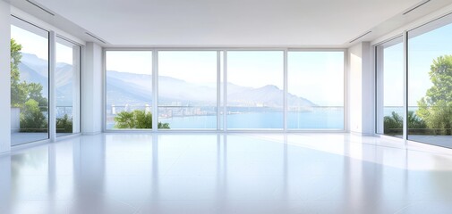 Fototapeta premium Spacious modern room with large windows providing scenic views of mountains and sea, ideal for real estate and interior design inspiration.