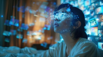 Escaping Reality: Woman Obsessively Streaming in Surreal Composite Bedroom Scene