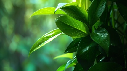 Fototapeta premium Close-up of wet green leaves
