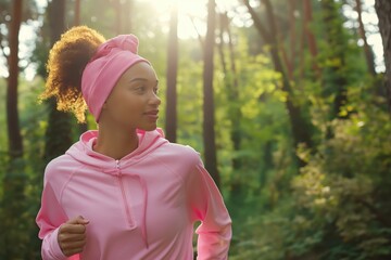 Fototapeta premium Photo of a young woman running and jogging outdoors in the park, wearing sportswear, smiling on a sunny day. Jogging and fitness concept.