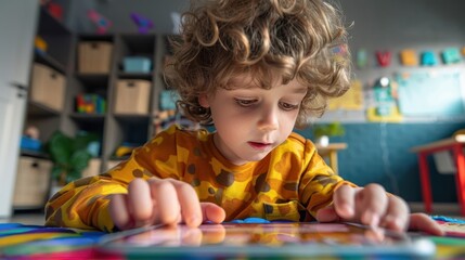 Little Learner Engaged in Digital World - Concept of Educational App Addiction with Classroom Background