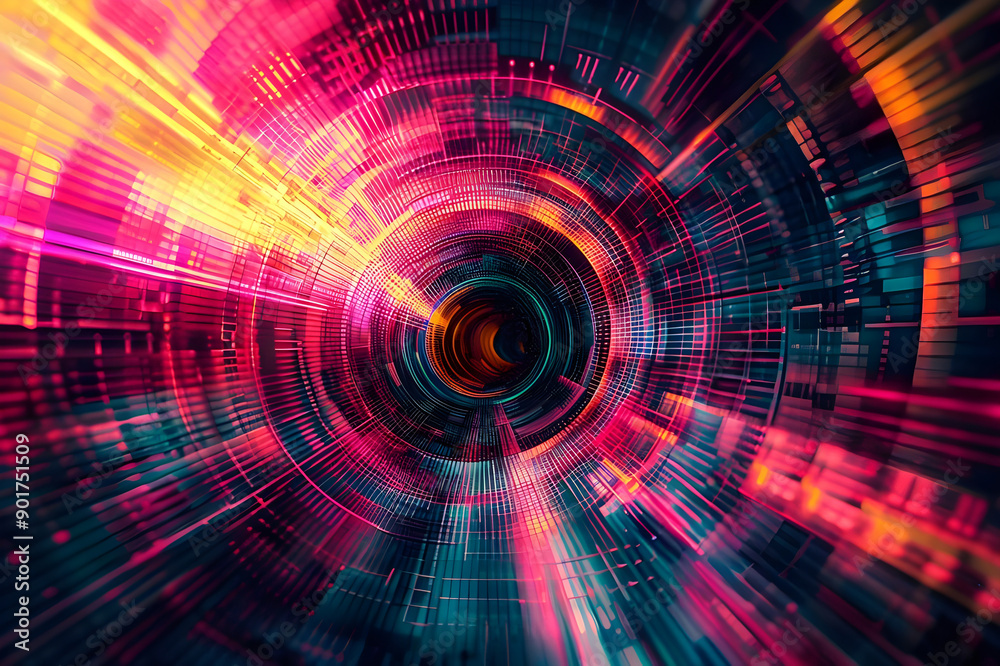 Poster A vibrant abstract tunnel featuring dynamic patterns and vivid colors, creating a visually stunning and energetic composition.