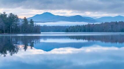 Serene lake with mountain reflection in the morning light