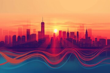 Vibrant sunset skyline of city, with artistic colorful wave patterns in foreground