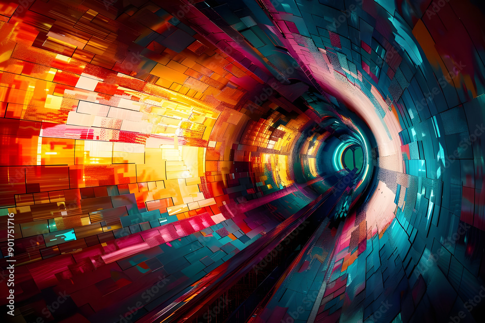 Poster A dynamic abstract tunnel featuring vibrant geometric patterns and vivid colors, creating a visually captivating and energetic scene.