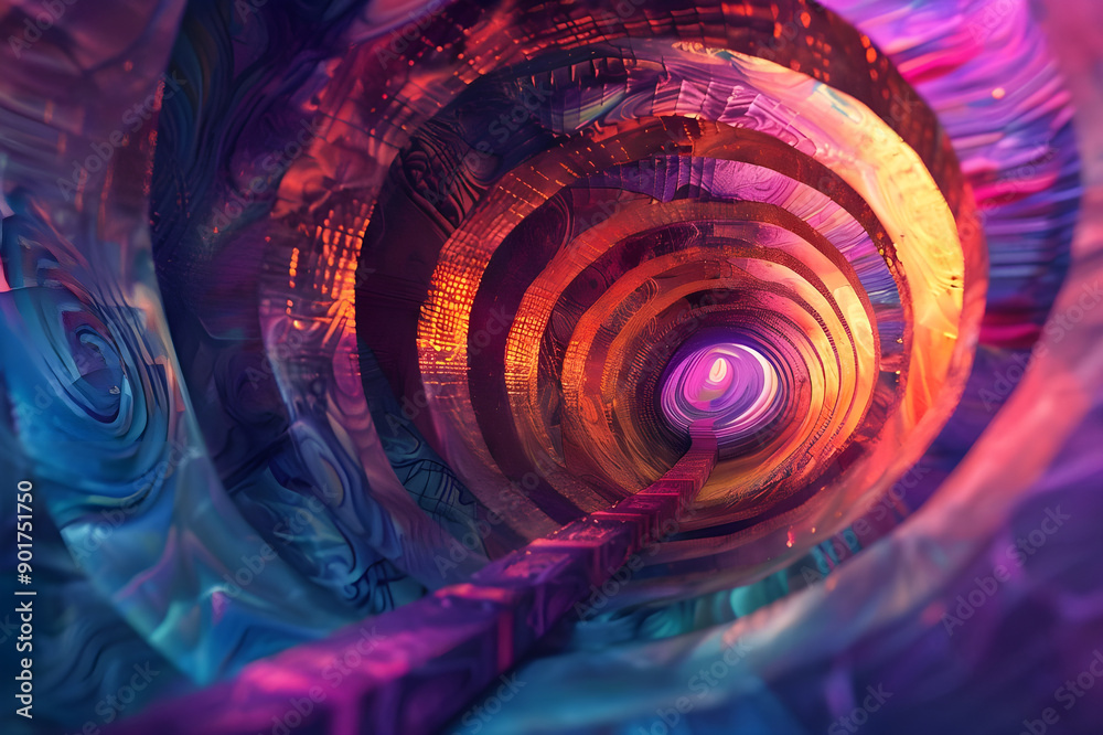 Poster A mesmerizing abstract tunnel featuring vibrant, swirling patterns and colors, creating a dynamic and visually captivating scene.