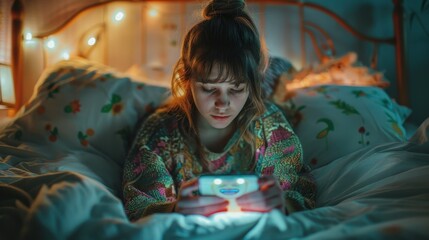 Obraz premium Digital Overload: Humorous Fusion of Memes - Woman Engrossed in Online World by Bed backdrop