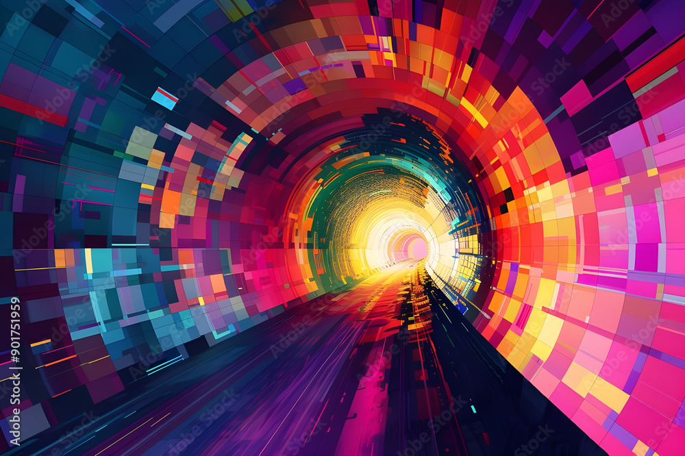 Poster A vibrant digital tunnel filled with dynamic geometric patterns and bright colors, creating a futuristic and energetic visual experience.