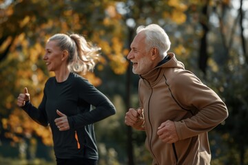 Fototapeta premium Photo of a senior couple running and jogging outdoors in the park, wearing sportswear, smiling on a sunny day. Jogging and fitness concept.