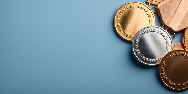  A collection of gold, silver, and bronze Olympic medals arranged on a blue background.