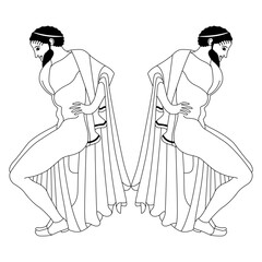 Symmetrical design with two ancient Greek men in a squatting position. Ethnic vase painting style. Black and white linear silhouette.