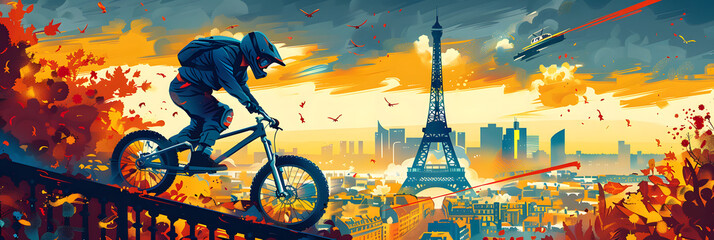 A dynamic, stylized illustration of a BMX rider on a rooftop overlooking Paris, with the iconic Eiffel Tower in the background.
