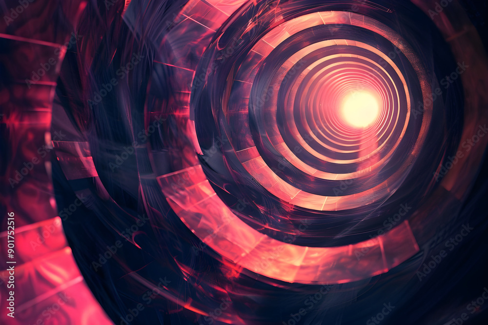 Poster an abstract tunnel featuring dark and red hues spiraling towards a radiant light center, creating a 