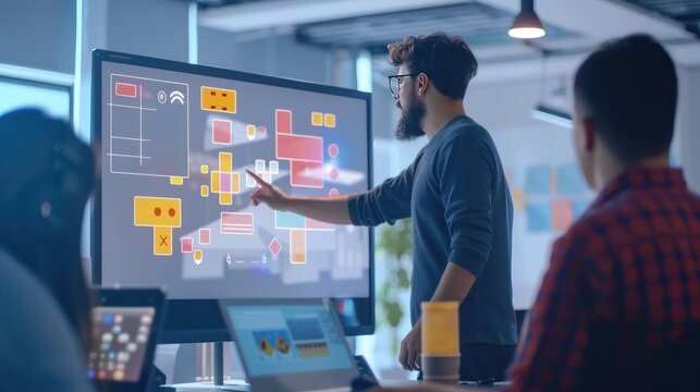 A video game designer presenting game concepts to colleagues