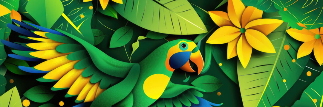 illustration, vintage postcard, Independence Day of Brasil, large green parrot on a background of tropical leaves, cut-out paper style, copy space, free space for text