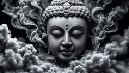 swirling clouds of smoke morph into a compassionate buddha head, its kind eyes radiating serenity, the stark black backdrop amplifying the image's emotional impact.