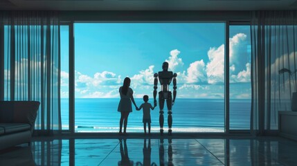 Fototapeta premium Futuristic robots help babysit , Generative AI