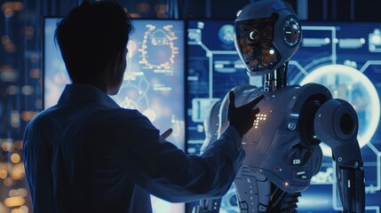 Robot and human discussing and using a futuristic touchscreen, Concept of futuristic technology , Generative AI