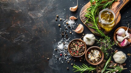 Fototapeta premium Assorted spices and herbs on rustic black surface