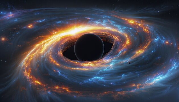 immense black hole at galaxy's core, glowing, warped light rings, bottomless dark void, spacetime distortion visible, radiant energy effects, deep space setting.